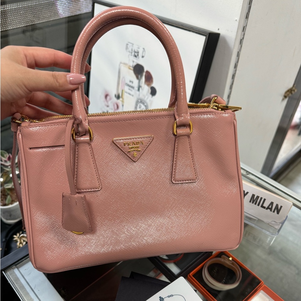 PRADA 
Prada Metallic Pink Saffiano Lux Leather small Galleria Tote